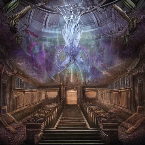 Image similar to eldritch legislature, fantasy illustration, realistic colorful photography, interior, hyperrealism