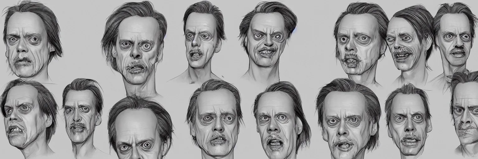 Prompt: character study of steve buscemi and gary busey, clear faces, wild, crazy, character sheet, fine details, concept design, contrast, kim jung gi, pixar and da vinci, trending on artstation, 8 k, full body and head, turnaround, front view, back view, ultra wide angle