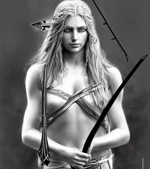 Image similar to portrait of beautiful aphrodite goddess as an archer warrior, arrow, beautiful piercing eyes, flowing blonde hair, realistic face, black and white drawing, in the style of greg rutkowski, fantasy, amazing detail, epic, intricate, elegant, smooth, sharp focus