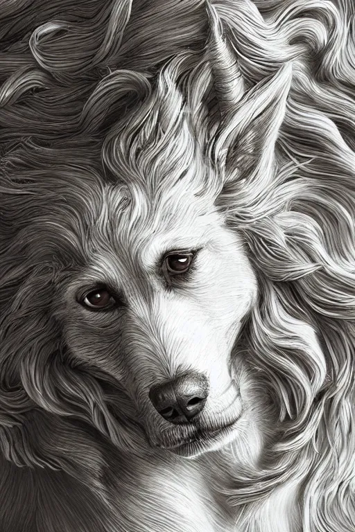 Prompt: a dog as god with a radiant halo, detailed face, gorgeous, amazing, flowing hair, very muscular male body, partial anatomy, stormy and grand war scene, delicate and intricate borders for decoration, caesar victorious, proud Emperor, crepuscular ray, intricate, highly detailed, 8K, digital painting, fantasy, artstation, concept art, sharp focus, over-shoulder shot, illustration, art by greg rutkowski beeple and alphonse mucha