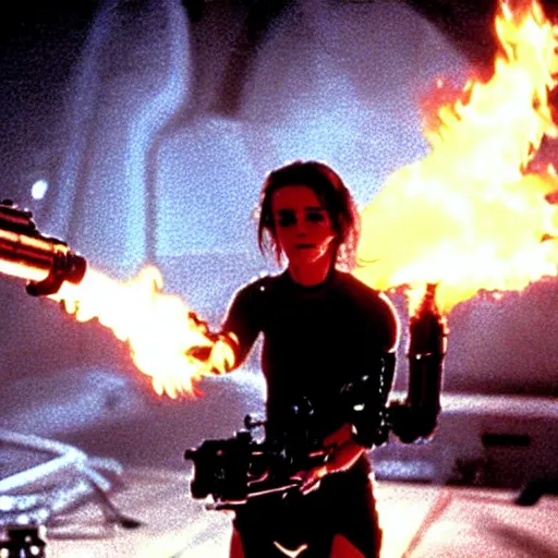 Image similar to film still of Emma Watson holding a flamethrower in Alien 1979, 4k