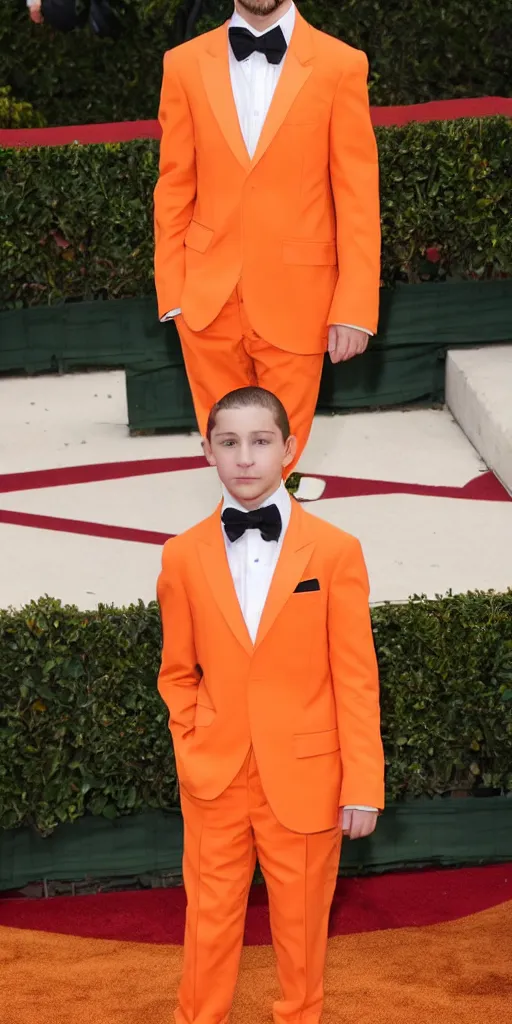 Prompt: 'young Shia LaBeouf wearing a frosty orange cross-cross weaved bamboo royal tuxedo'