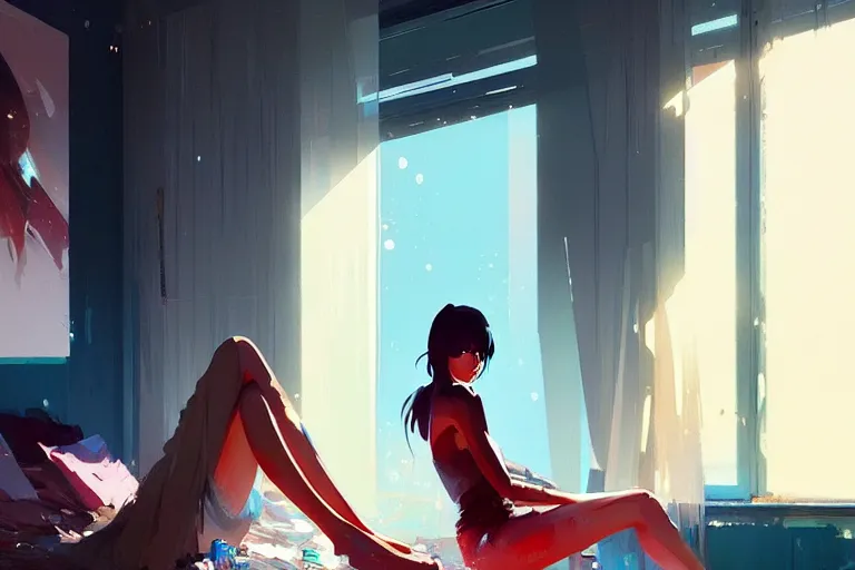 Image similar to a ultradetailed beautiful panting of a stylish woman sitting in a messy apartment, by makoto shinkai, conrad roset and greg rutkowski, trending on artstation