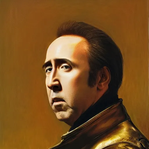 Image similar to Nicolas Cage as an Android, head and shoulders, oil on canvas, golden hour, in the world of Andrew Wyeth, artstation, by J. C. Leyendecker and Peter Paul Rubens,