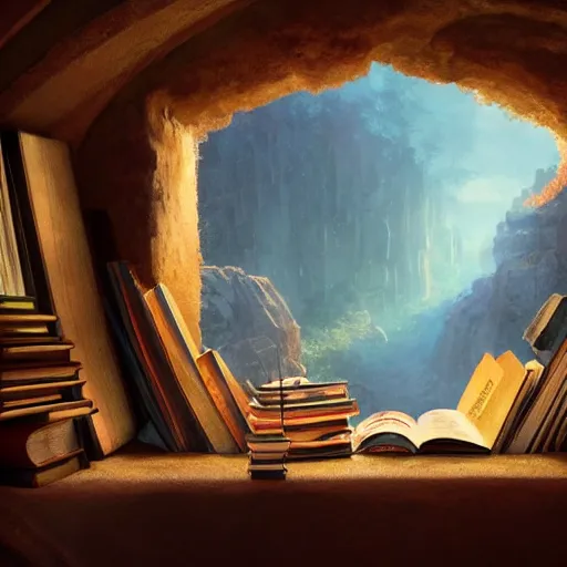 Image similar to books cave, a lot of books, many books everywhere, atmospheric, dof, wide angle, very coherent composition, masterpiece, incredible details, highly detailed, photorealistic, disney pixar, warm colours, atmospheric, cozy place, smooth, hole as a window, octane render, iridescent, 8 k