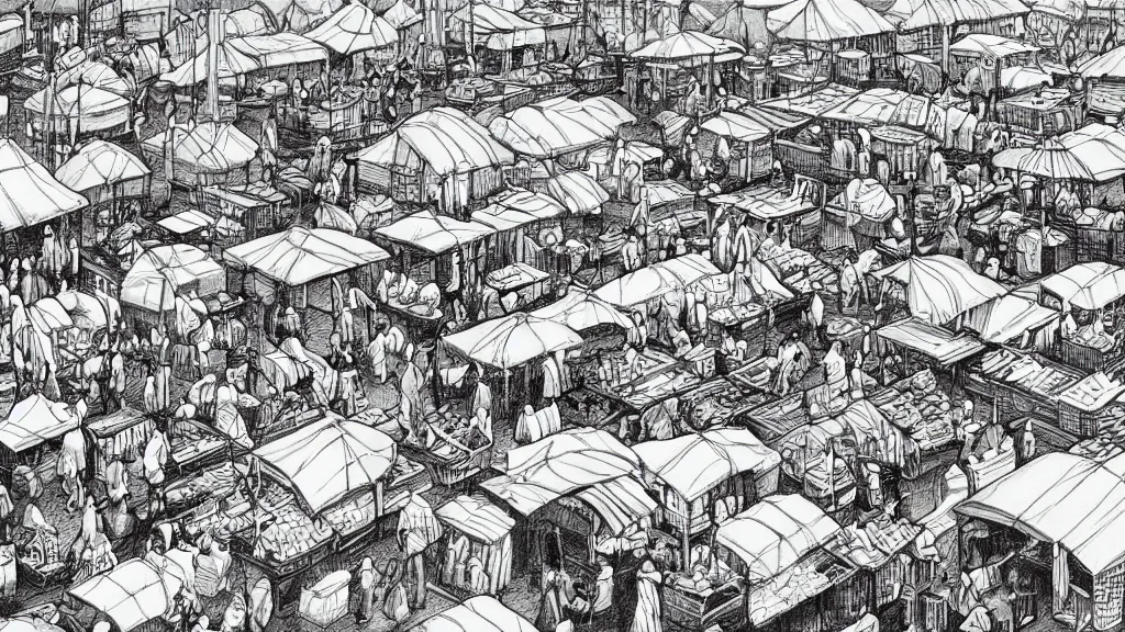 Image similar to a black and white drawing of a busy fish market stretching to the horizon, a storybook illustration by mattias adolfsson, behance contest winner, modern european ink painting, matte drawing, storybook illustration, panoramic, isometric