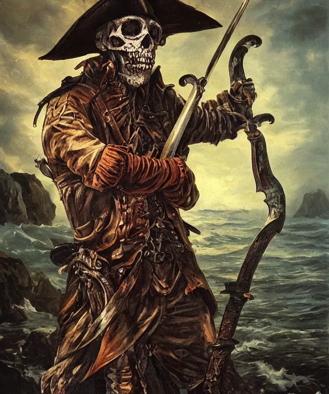 Image similar to ultra realistic color portrait painting of an undead 1 7 th century pirate with a sword in a grotto, dark, painted, brooding, atmospheric, seascape, horror, smooth, epic, highly detailed, cinematic, by clyde caldwell