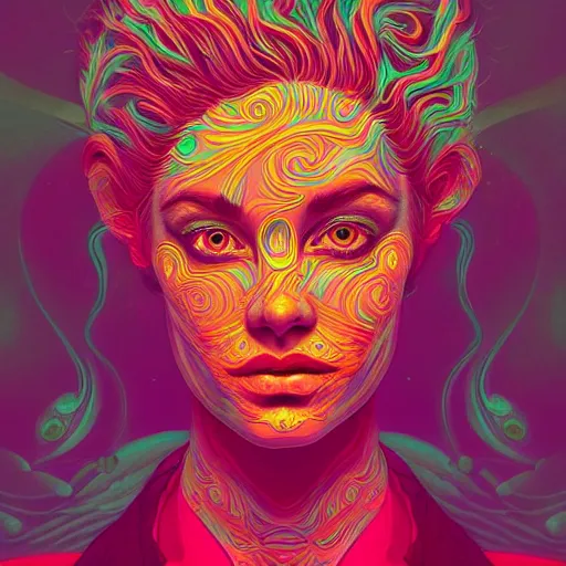 Image similar to An extremely psychedelic portrait, surreal, LSD, face, detailed, intricate, elegant, lithe, highly detailed, digital painting, artstation, concept art, smooth, sharp focus, illustration, art by Kilian Eng