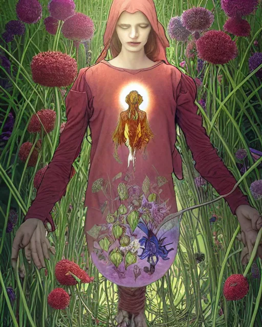 Image similar to the platonic ideal of flowers, sprouting, insects and praying of cletus kasady carnage davinci dementor chtulu mandala ponyo alice in wonderland dinotopia watership down, d & d, fantasy, ego death, lush, dmt, psilocybin, concept art by greg rutkowski and simon stalenhag and alphonse mucha