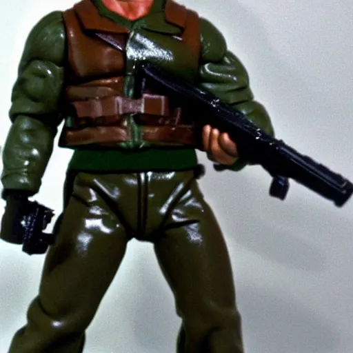 Image similar to a 12 inch action figure of Arnold Schwarzenegger from Commando. Big muscles. Holding an automatic rifle in his hands. Plastic shiny. Full body