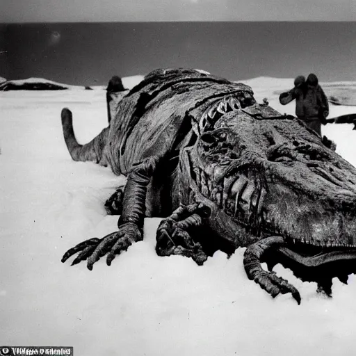 Image similar to a mummified t-rex corpse found in the artic ice and snow, taken by a ww2 camera.