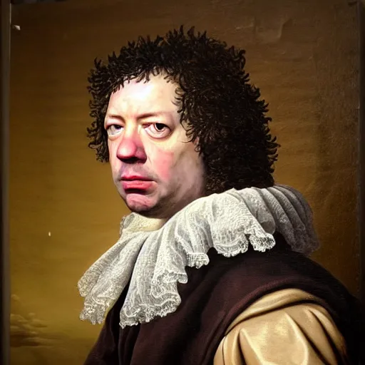 Image similar to A 17th century Baroque Painting of Dean Ween, grainy, realistic, hyperrealistic, very realistic, very very realistic, highly detailed, very detailed, extremely detailed, detailed, digital art, trending on artstation, detailed face, very detailed face, very detailed face, realism, HD Quality, 8k resolution, intricate details, body and head in frame, painting, oil painting, trending on deviantart, Baroque Painting