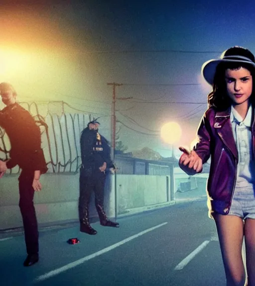 Prompt: still of Selena Gomez being arrested by cops in an episode of stranger things, intricate, elegant, highly detailed, digital photo, artstation, concept art, smooth, sharp focus, illustration,