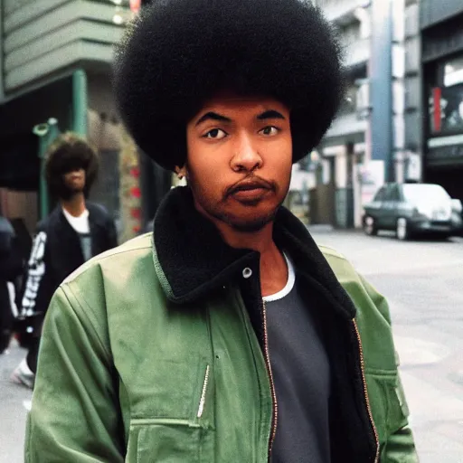 Image similar to black man with afro hair, stubble, wearing an adidas army green jacket, in the streets of tokyo, akira style, by katsuhiro otomo, anime