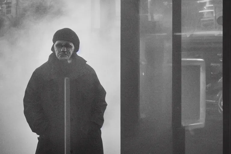 Image similar to an ultra realistic cinematic headshot portrait of an evil scientist, stood outside a corner shop, foggy, colour, detailed, deep focus, movie still, dramatic lighting, by fay godwin