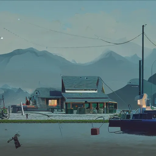 Image similar to yachting club by simon stalenhag