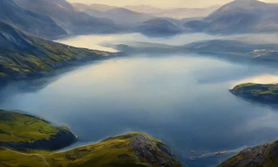 Image similar to nordic fjord, summer morning light, aerial view, beautiful landscape, cinematic light, soft illumination, cinematic composition, wide - angle, atmospheric, oil painting, trending on artstation