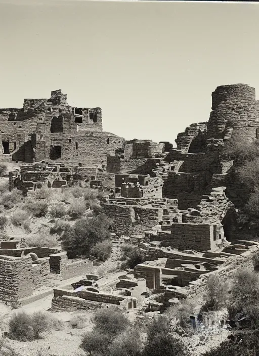 Image similar to Photograph of ancient pueblo ruins in a canyon, showing terraced gardens and lush desert vegetation in the foreground, albumen silver print by Timothy H. O'Sullivan.