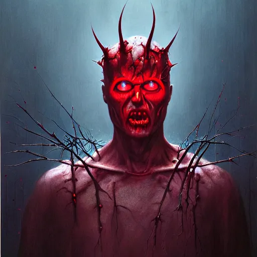 Image similar to portrait of demonic Tom Cruise with red glowing eyes in hood and crown of thorns, dark fantasy, Warhammer, artstation painted by Zdislav Beksinski and Wayne Barlowe