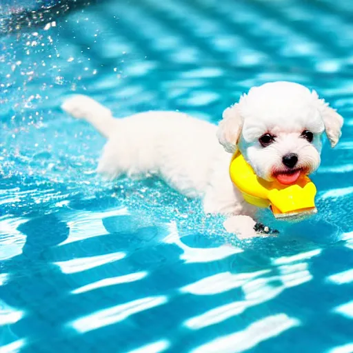 Prompt: a cute bichon puppy swimming in a pool with a rubber duck, professional photography, sharp, focus, depth of field