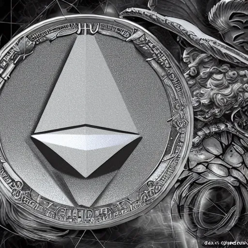 Image similar to silver ethereum cryptocurrency, epic fantasy digital art