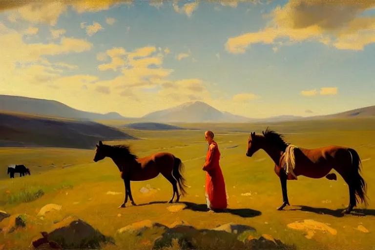 Prompt: scenic western mountain landscape with wild horses and a woman in a long white traditional dress, Anna Ancher & Peder Severin Krøyer, beautifully daylight, artstation