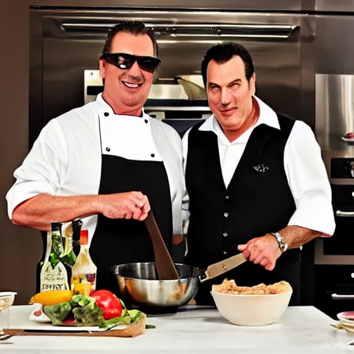 Prompt: john travolva and steven segal host a cooking show