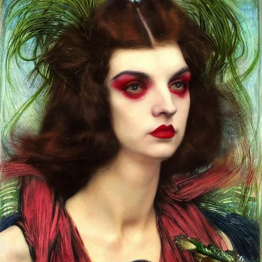 Prompt: portrait of a hybrid of judy garland and lady gaga, marfan syndrome, full lips, downward slanting eyes, with a brown fringe, holman hunt, john william waterhouse, kilian eng, rosetti, john everett millais, william holman hunt, 4 k