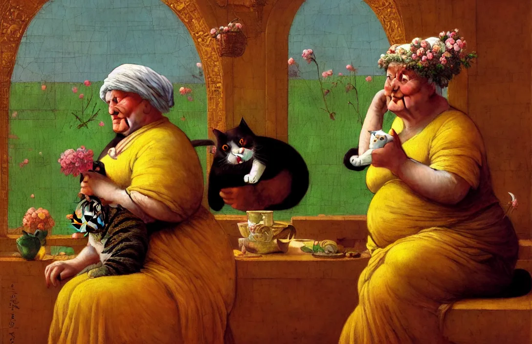 Image similar to a sweet fat old happy woman with a cat on her head. an artistic and poetic scene. jean - leon gerome, orientalism, academicism, angel, beautiful, highly detailed, color harmony, octane render, ornate, paul klee, flowers, window, zbrush, realism, darkness, alchemical, style of moebius