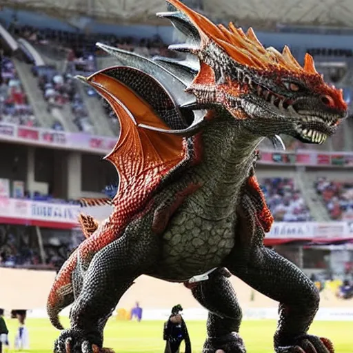 Prompt: morgan freeman riding a dragon that is about to score a goal