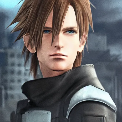 Image similar to photorealistic squall leonhart in a sci fi city