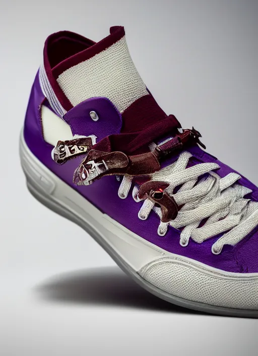 Image similar to hyperrealistic and heavy detailed product photo off white shoe of thanos ( marvel comics ), in front of white back drop, whole shoe is in picture, leica sl 2 5 0 mm, vivid color, high quality, high textured, real life