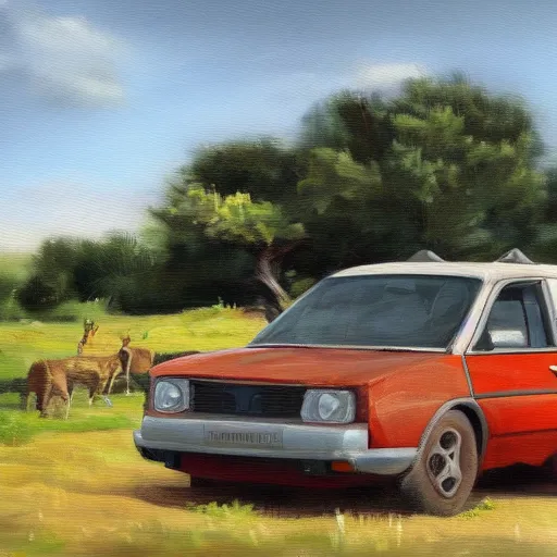 Prompt: weponized family car in toscany plains, artstation, fine art, oil painting, very detailed, very realistic