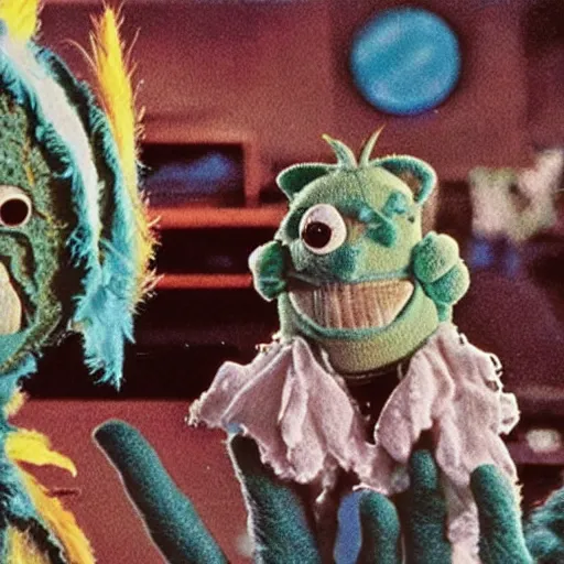 Image similar to 1 9 7 6 synthetic fur monsters with large eyes, cinematic movie scene, inspired by the movie the fifth element and'fraggle rock'