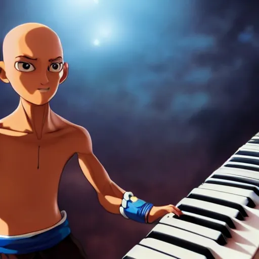 Image similar to Aang from Avatar the last airbender playing the piano, UHD, hyperrealistic render, 4k, highly detailed