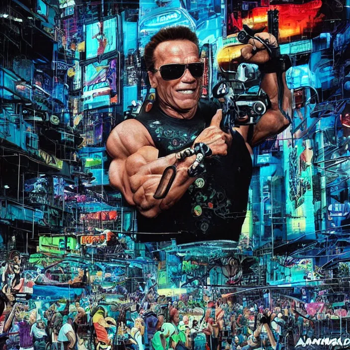 Prompt: arnold schwarzenegger having fun at a cyberpunk beach, futuristic cyberpunk, detailed photo