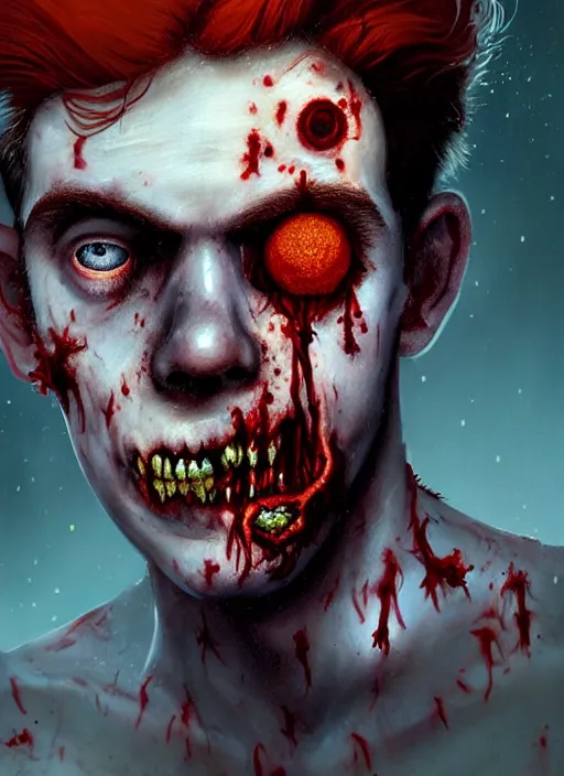 Image similar to portrait of zombie teenage archie andrews, red hair, curly hair, curly middle part, freckles, photorealistic, zombie, rotting skin, blind eyes, white eyes, zombie, intricate, elegant, orange, glowing lights, highly detailed, digital painting, artstation, concept art, sharp focus, illustration, art by wlop, mars ravelo and greg rutkowski