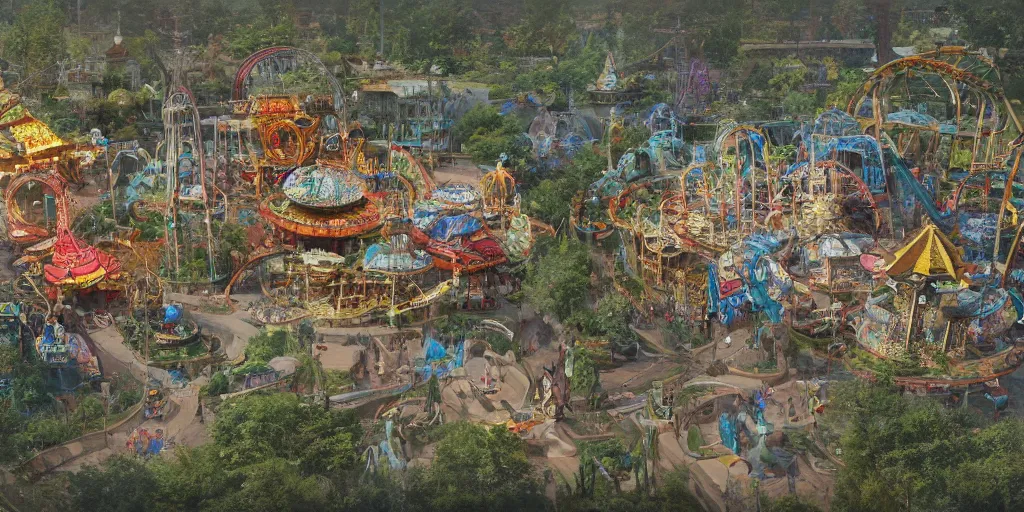 Prompt: abandoned amusement park overview mapa design, Moebius, Greg Rutkowski, Zabrocki, Karlkka, Jayison Devadas, Phuoc Quan, trending on Artstation, 8K, ultra wide angle, pincushion lens effect