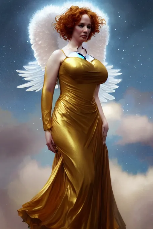 Image similar to a portrait of an angel christina hendricks wearing a golden dress, upper body, concept art, deep focus, sky, heaven, clouds, intricate, highly detailed, digital painting, artstation, matte, sharp focus, illustration, art by greg rutkowski and alphonse mucha