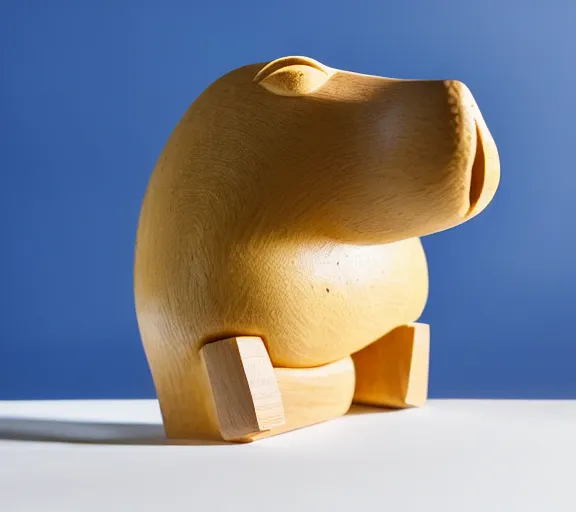 Image similar to a stylised minimalist pear shaped sculpture of hippo baby, bottom made half wood carved, top half blue translucid resin epoxy, cubic blocks stripes, side view profile centered, studio, white background