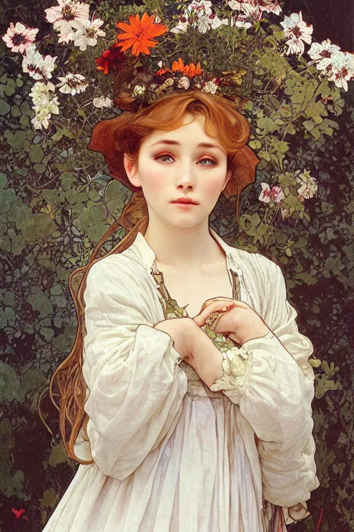 Prompt: realistic detailed full portrait of a cottagecore flowergirl in simple traditional modest peasant dress by Alphonse Mucha, Ayami Kojima, Amano, Charlie Bowater, Karol Bak, Greg Hildebrandt, Jean Delville, and Mark Brooks