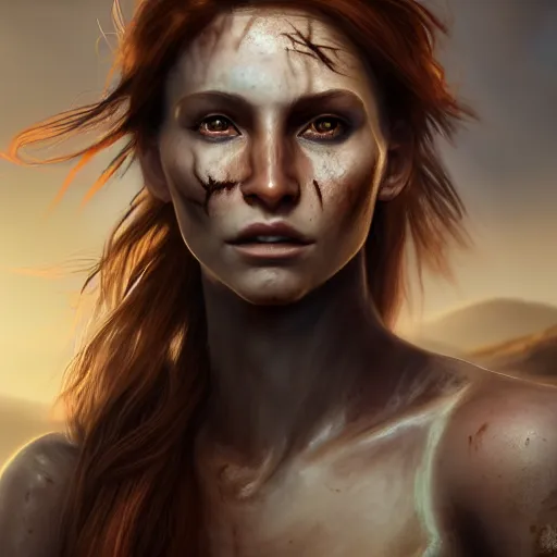 Prompt: fantasy concept art, frontal portrait of a young woman, auburn hair in a ponytail, sun - kissed face, natural makeup, ( ( no scars ) ), athletic, slavic features, serious demeanor, ( tomb raider ), desert background, in the style of ruan jia, high detail, uplit, 8 k