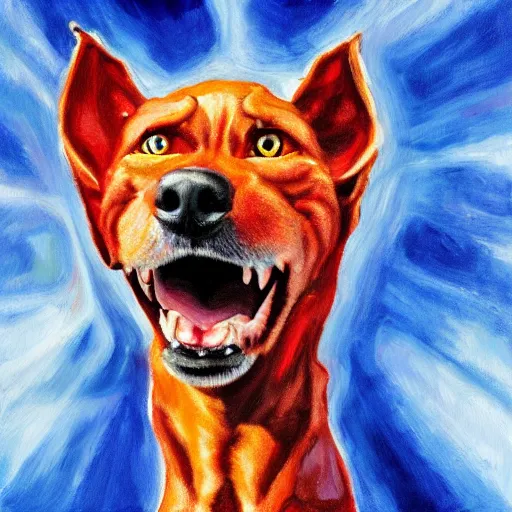 Prompt: a hellhound in heaven barking to the camera in egyptian style, hyperrealistic painting, portrait, blue background, red details