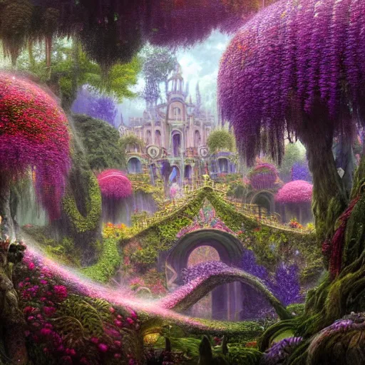 Image similar to a beautiful and highly detailed matte painting of a beautiful dream palace in a magical fantasy forest garden, colorful flowers, psychedelic, epic scale, insanely complex, hyperdetailed, sharp focus, hyperrealism, artstation, cgsociety, 8 k, bright colors, by caspar friedrich, albert bierstadt, james gurney, brian froud,