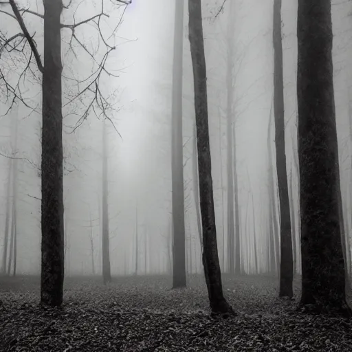 Image similar to found footage of a monster in the woods, atmospheric fog