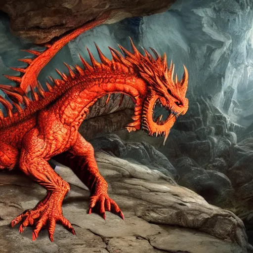 Prompt: photo of an ancient red dragon sitting menacingly in a cave, dungeons and dragons, detailed, 4 k