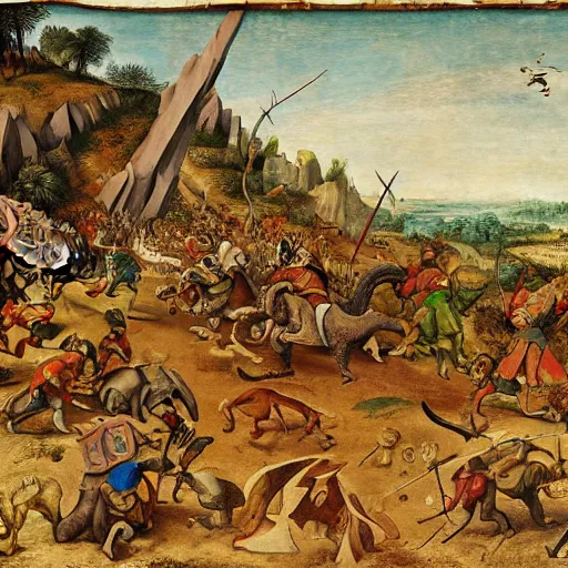 Prompt: adventurers battling a tyrannosaurus, in the style of pieter bruegel