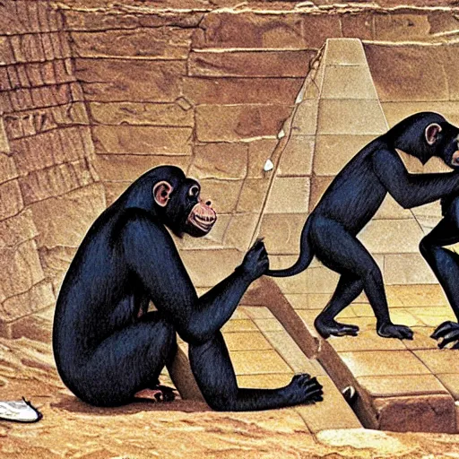 Image similar to chimpanzees building the great pyramid of giza, painting by hans glaser,