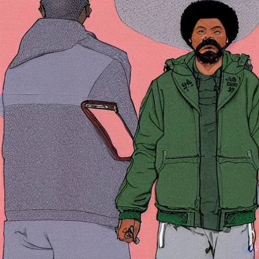 Image similar to illustration by katsuhiro otomo, black man with afro hair, raspy beard stubble, wearing an adidas army green jacket, in the streets of tokyo, akira style, by katsuhiro otomo