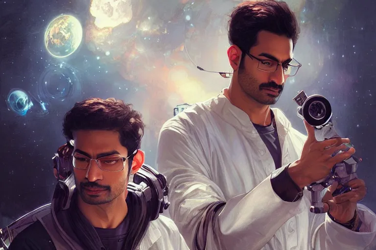 Image similar to Sensual good looking pale young Indian doctors wearing Deus Ex clothing in a space station above Earth, portrait, elegant, intricate, digital painting, artstation, concept art, smooth, sharp focus, illustration, art by artgerm and greg rutkowski and alphonse mucha